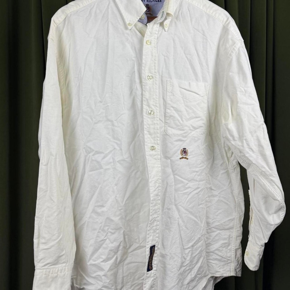 Tommy Hilfiger Mens White Button Up Shirt Embroidered Crest Logo 17-34 Cotton